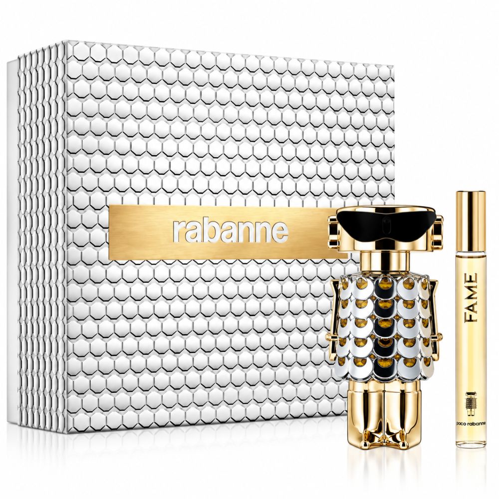 Rabanne Fame parfumset met flacon en reisverstuiver. Goudkleurige fles met paillettenachtig design.