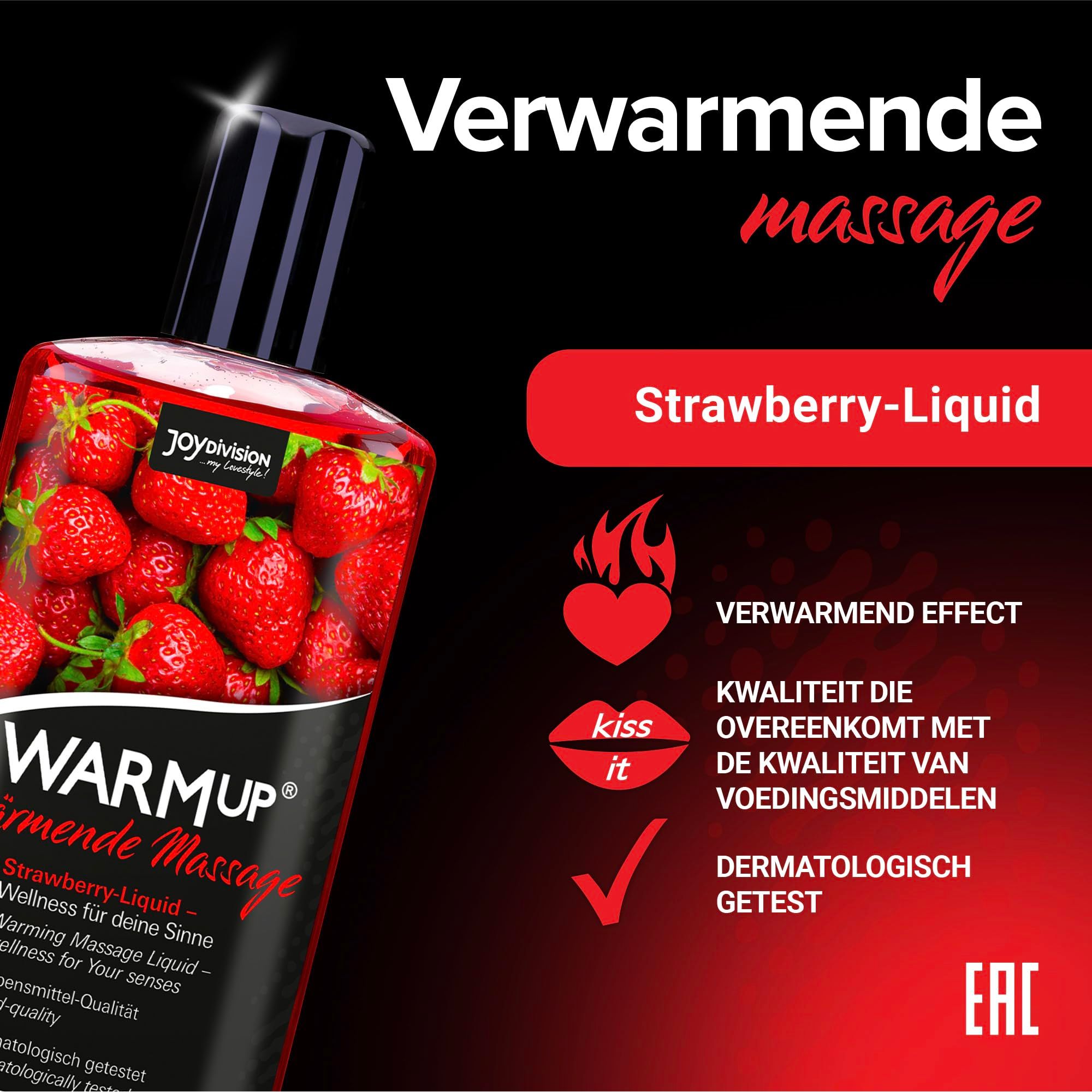 Fles met rode massageolie met aardbeienprint en aardbeien.