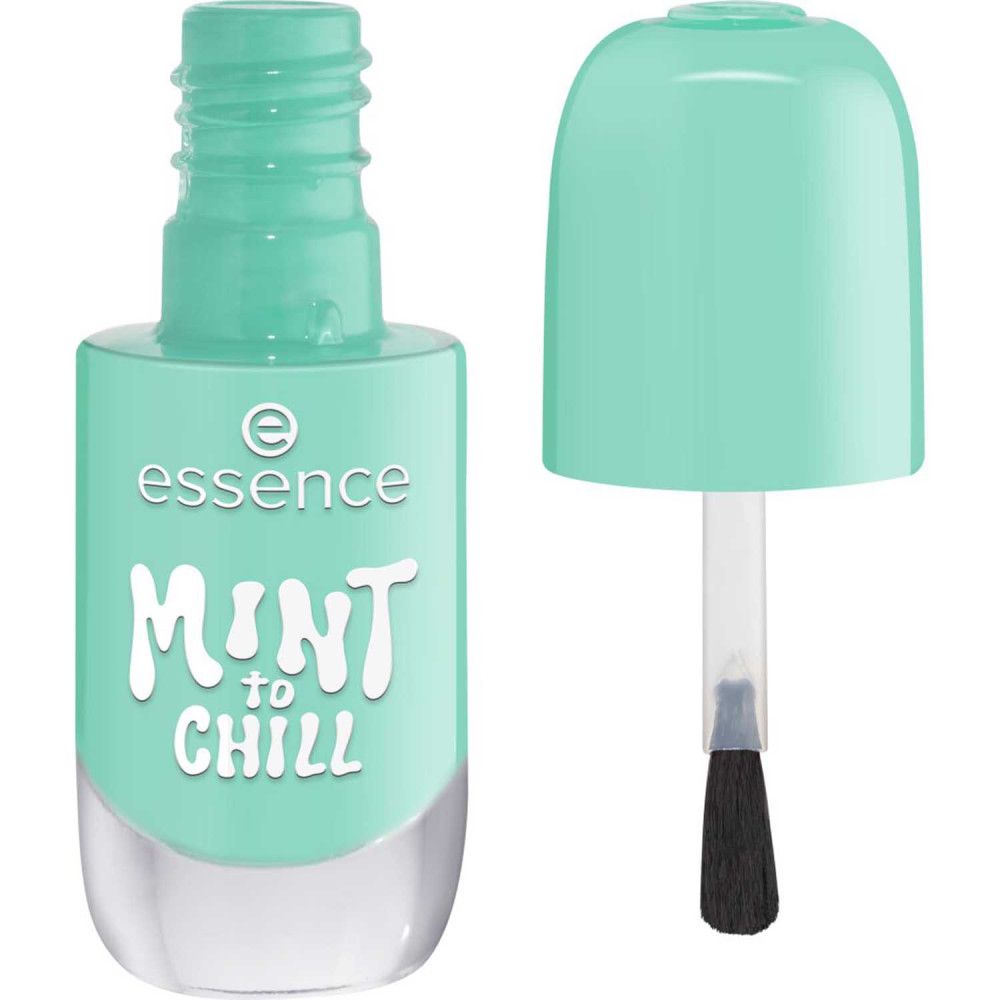 Flacon de vernis à ongles turquoise avec bouchon ouvert et pinceau. Inscription "essence MINT to CHILL".