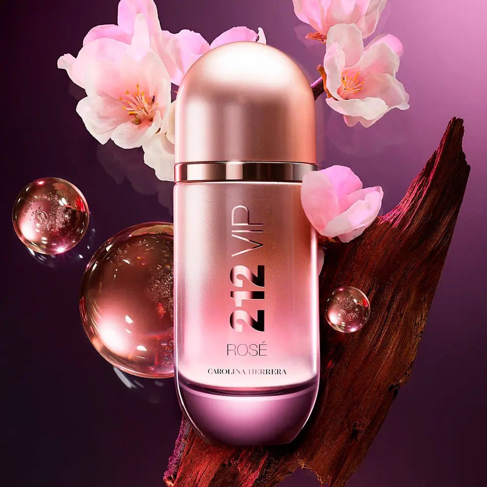 Carolina Herrera 212 VIP Rosé parfumfles met bloemen en bollen, roségoud.
