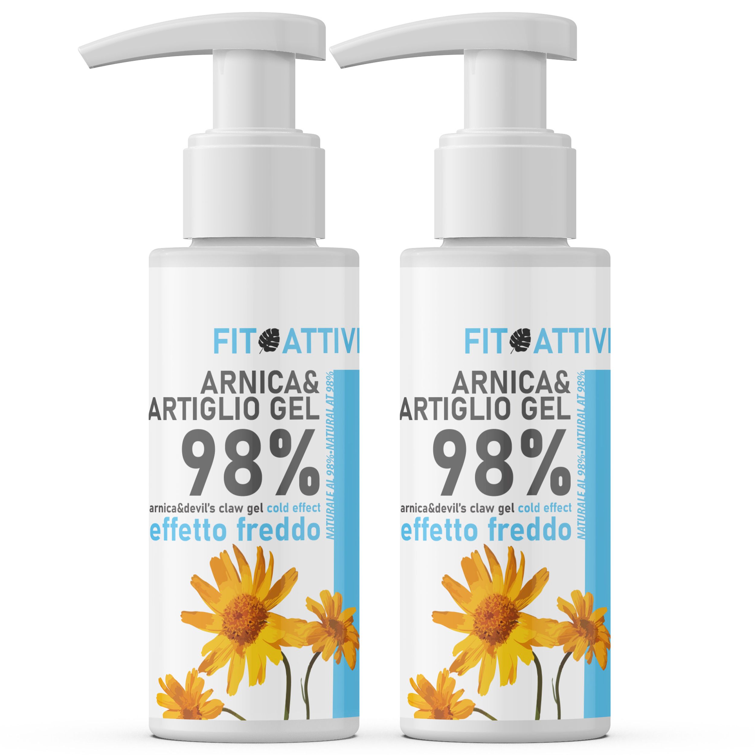 Twee witte flessen met pomp. Opschrift: Fitoattivi Arnica & Artiglio Gel 98%, koud effect. Gel met zonnebloem illustratie.