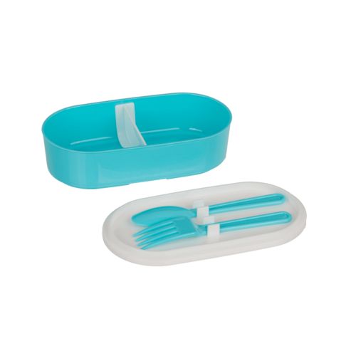 Blauwe broodtrommel met wit inzetstuk. Bevat vork en lepel. Zonder deksel. Opschrift: VW.