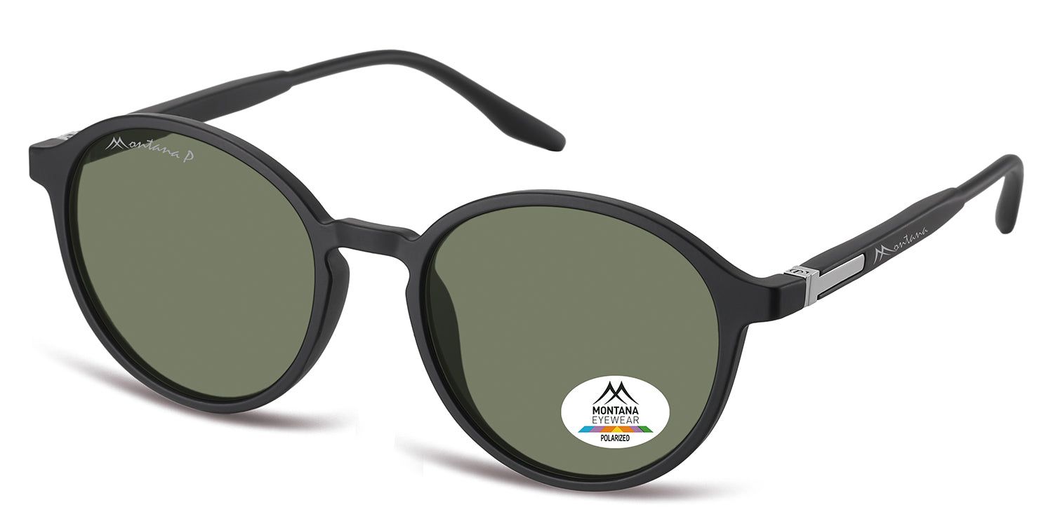 Zwarte ronde zonnebril, zijaanzicht. Montana Eyewear logo op poot. Gepolariseerde sticker op het glas.