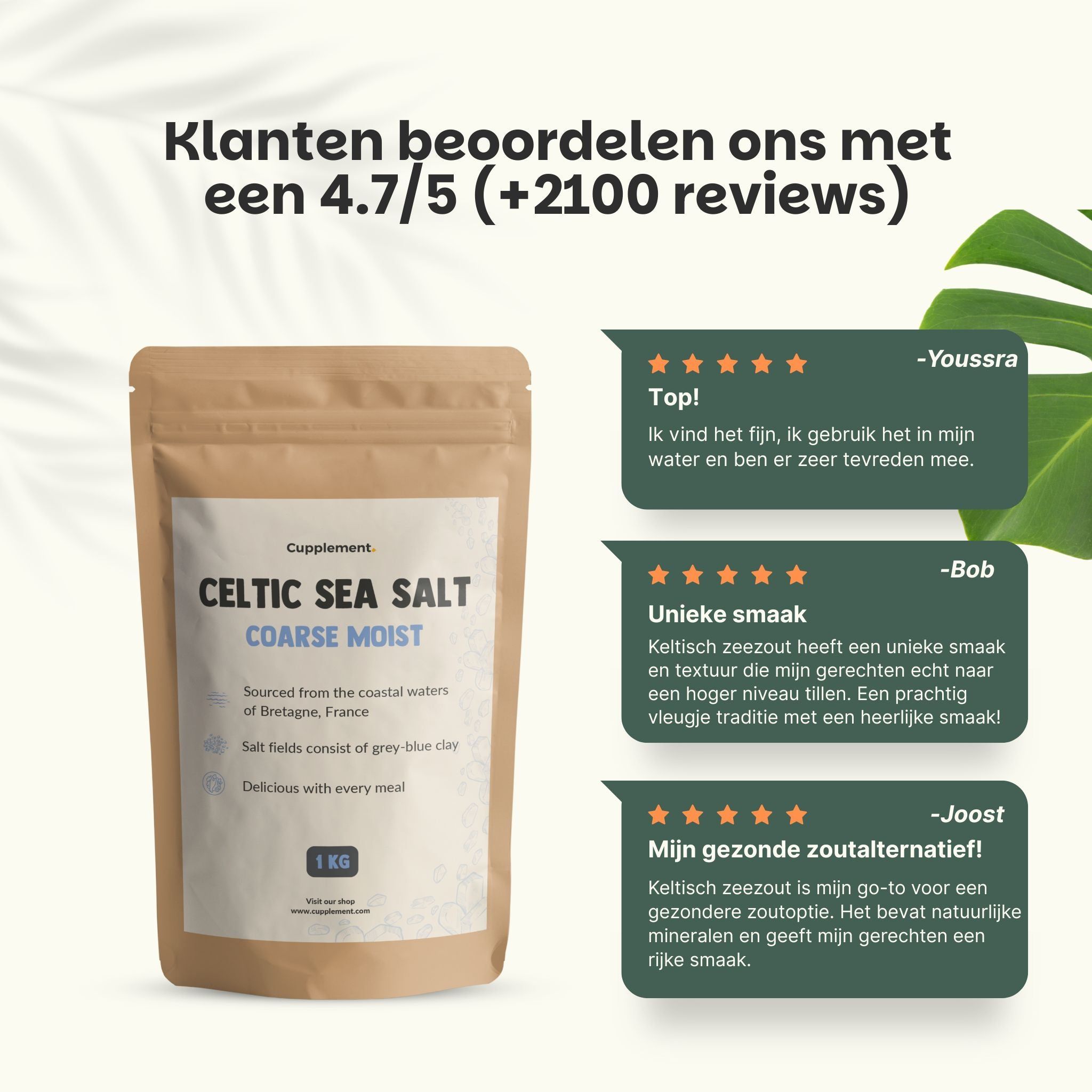 Bruine papieren zak met GOYU Keltisch zeezout, grof en vochtig. Klantbeoordelingen worden weergegeven.