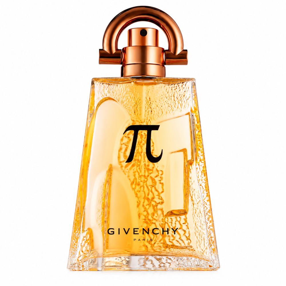 Flacon Givenchy Pi Eau de Toilette avec vaporisateur doré et le symbole π.