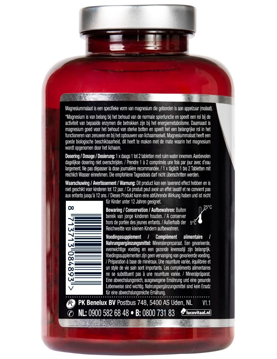 Achterkant van de fles met tekst. Bevat informatie over gebruik, waarschuwingen en voedingswaarde.