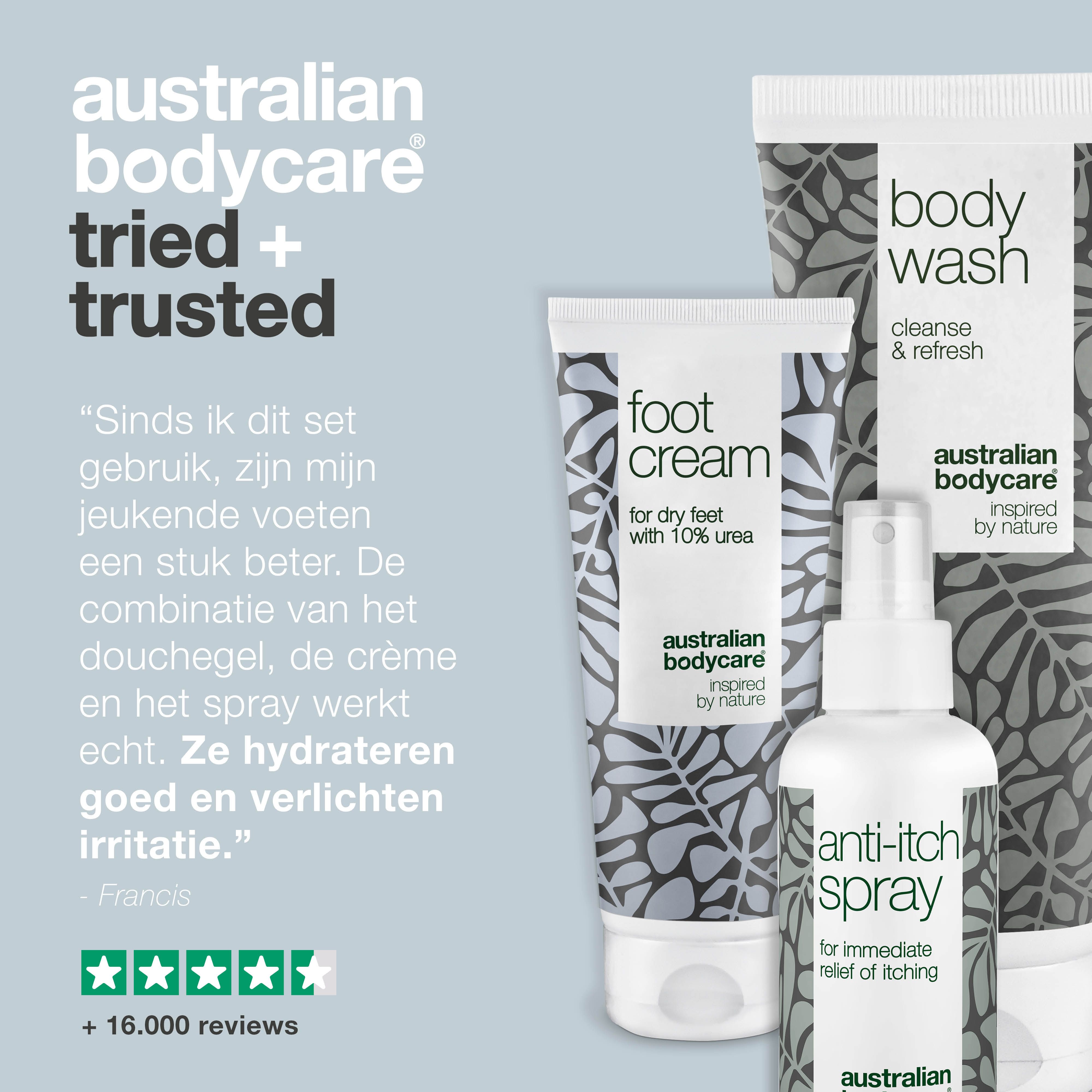 Drie producten: body wash, voetcrème, anti-jeuk spray. Tekst: Australian Bodycare, getuigenis.