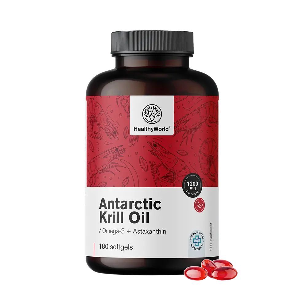 Bruine fles met capsules. Opschrift: Antarctic Krill Oil, 180 softgels, 1200 mg. Rode capsules ernaast.