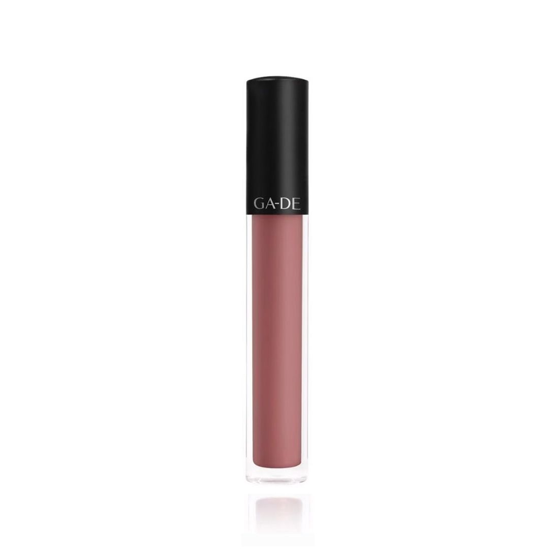 Ga-De Velveteen Matte Lipcolor. Flacon avec bouchon noir et contenu rose. Marque GA-DE sur le bouchon.