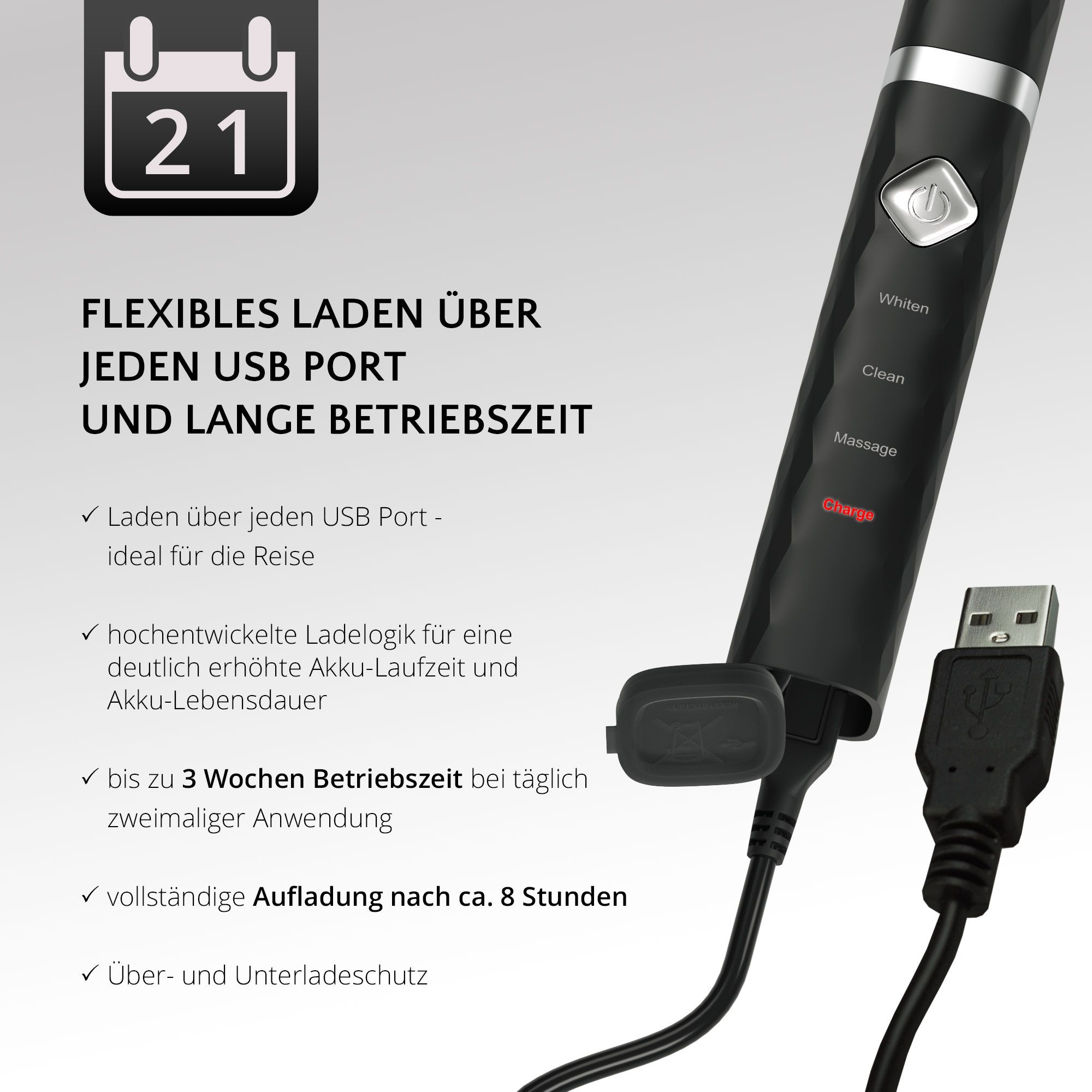 Brosse à dents noire avec port USB. Chargement flexible via n'importe quel port USB. Longue durée de fonctionnement. Jusqu'à 3 semaines.