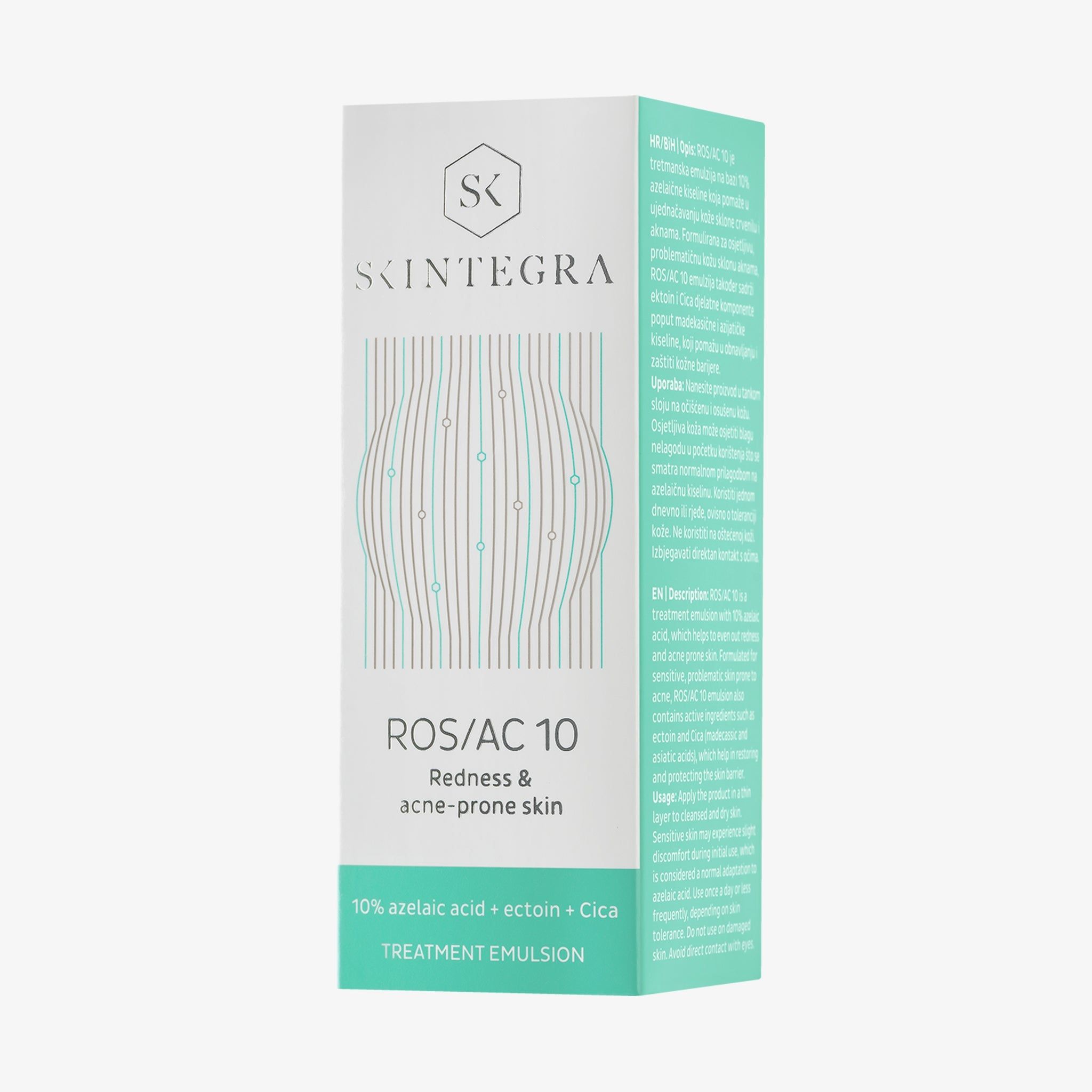 Emballage vert. Inscription : Skintegra, ROS/AC 10, Redness & acne-prone skin. Texte : 10% azelaic acid + ectoin + Cica.