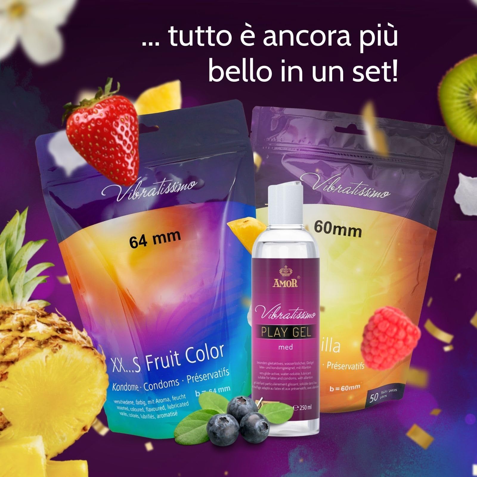 Préservatifs Vibratissimo XXS Fruit Color, 64 mm, et Gel Play Vibratissimo.