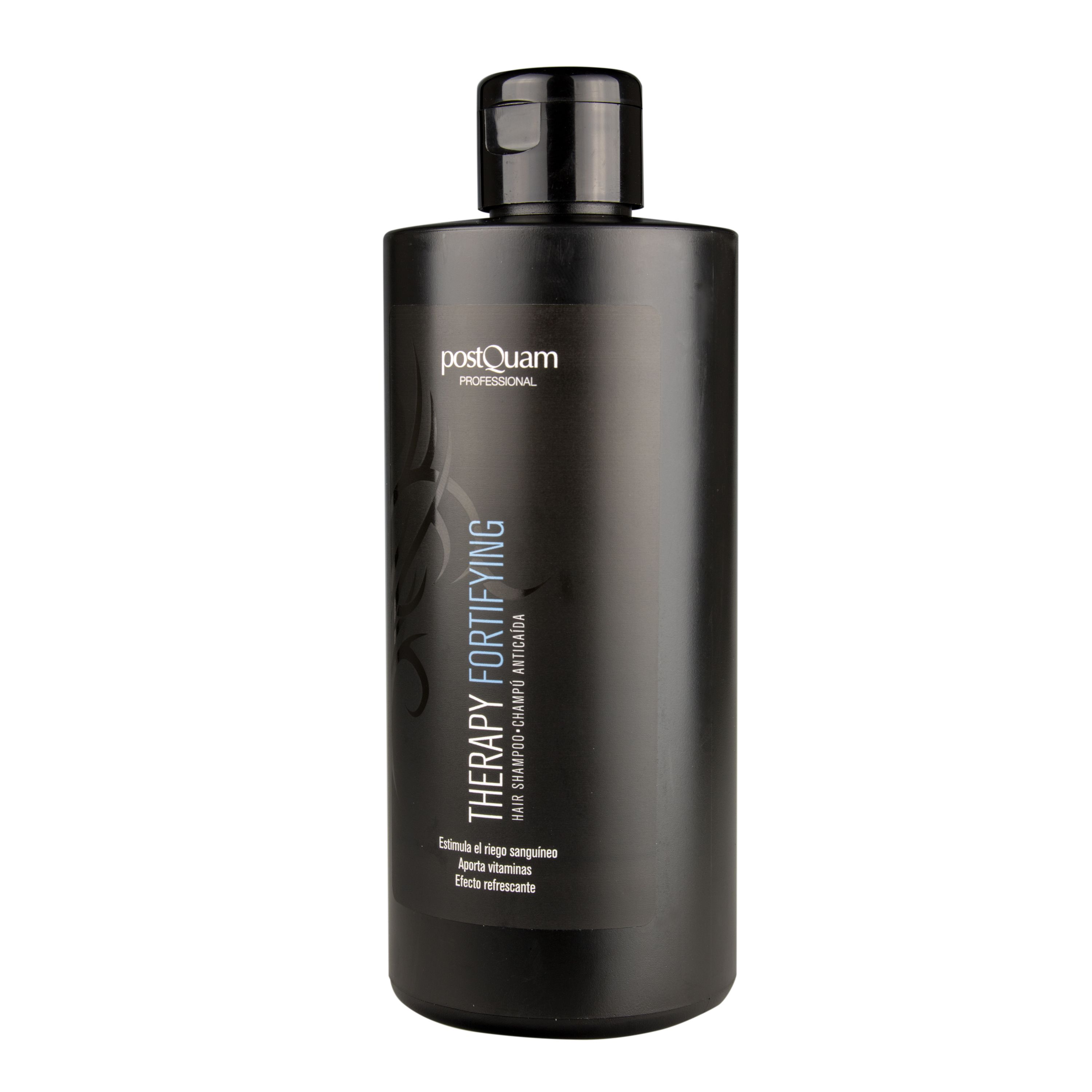 Zwarte shampoo fles met "Postquam Professional" en "Therapy Fortifying" tekst.