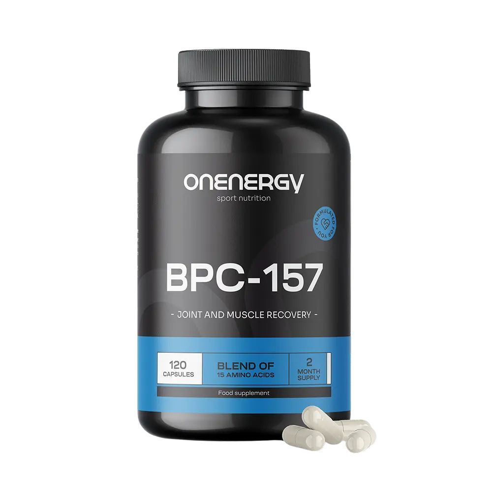 Zwarte pot met BPC-157 capsules, 120 stuks, aminozuurcomplex voor spierherstel.