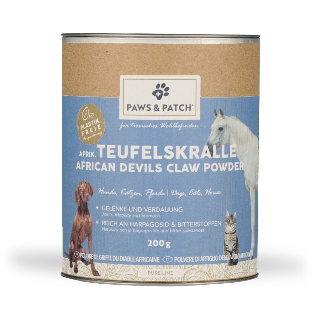 Cilindrische pot PAWS&PATCH duivelsklauwpoeder. Blauwe tekst, afbeelding van hond, kat en paard. 200g.