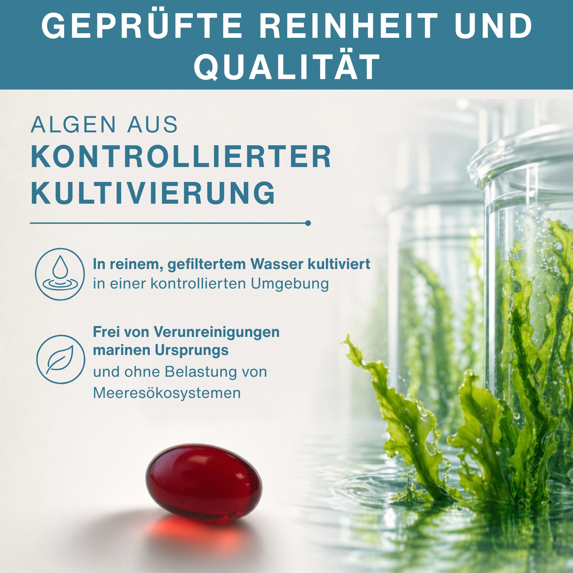 Bouteille de capsules Oméga-3. Contient DHA, EPA et Astaxanthine. Fabriqué au Royaume-Uni.