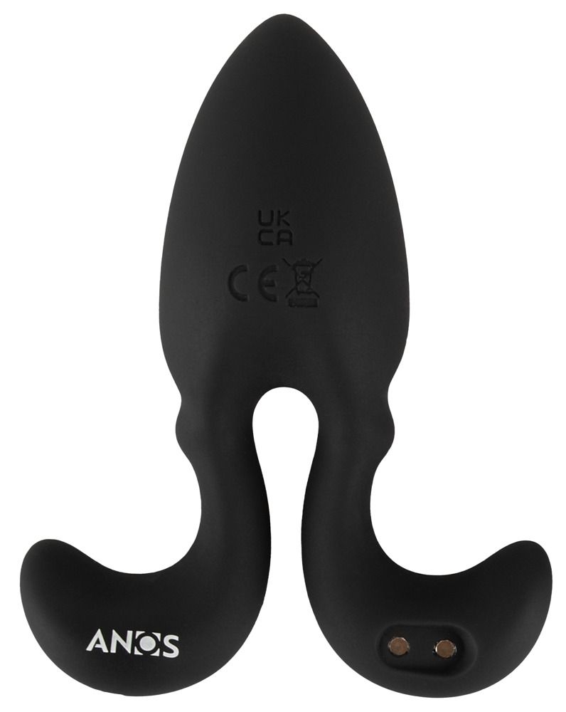Achterkant van een zwarte anale plug met flexibele armen. Bevat merknaam, CE-markering en oplaadcontacten.