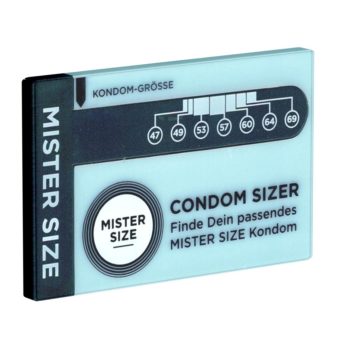 Règle Mister Size. Rectangle bleu clair avec indications de taille. Texte noir: Mister Size, taille de préservatif, tailles 47-69.