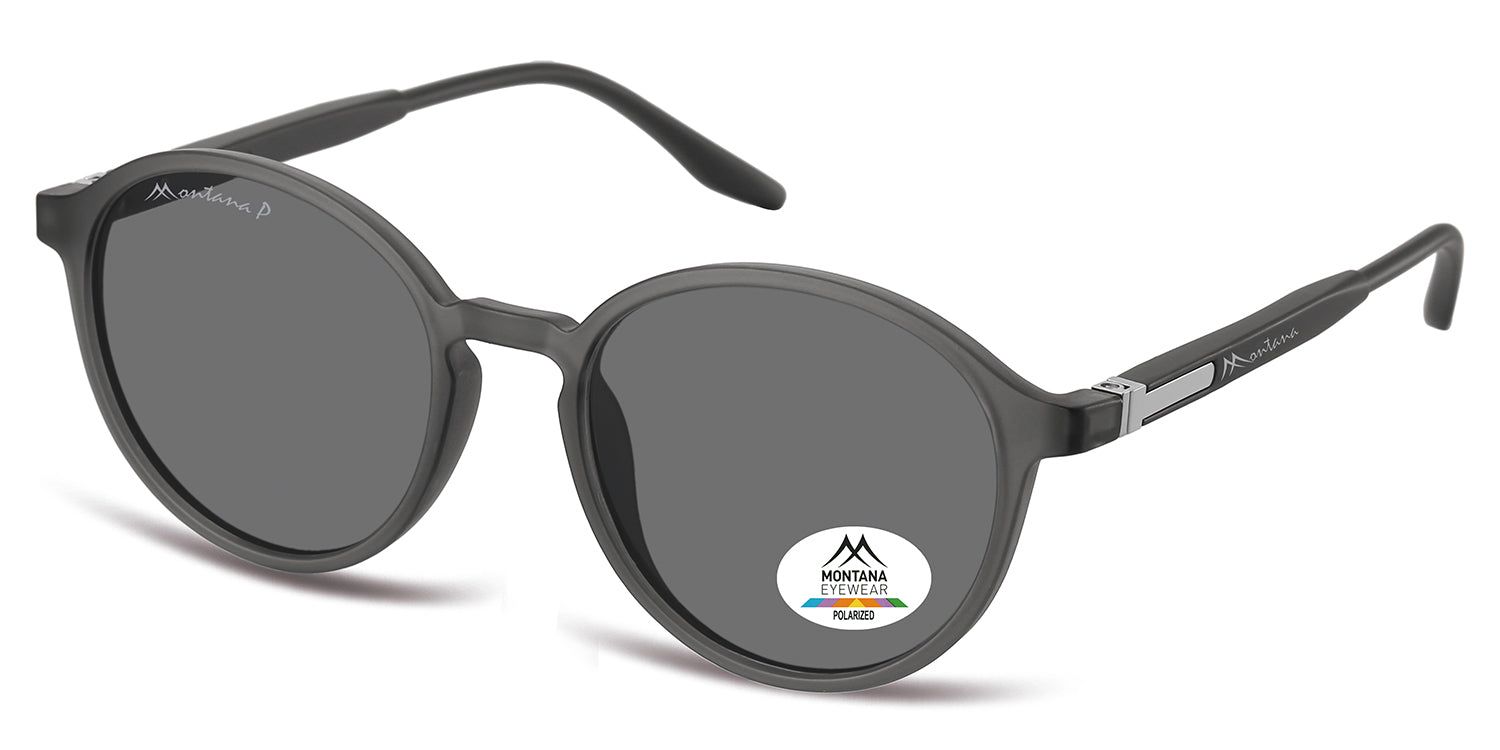 Grijze, ronde zonnebril. Montana Eyewear logo op de poot. Gepolariseerde sticker op het glas.