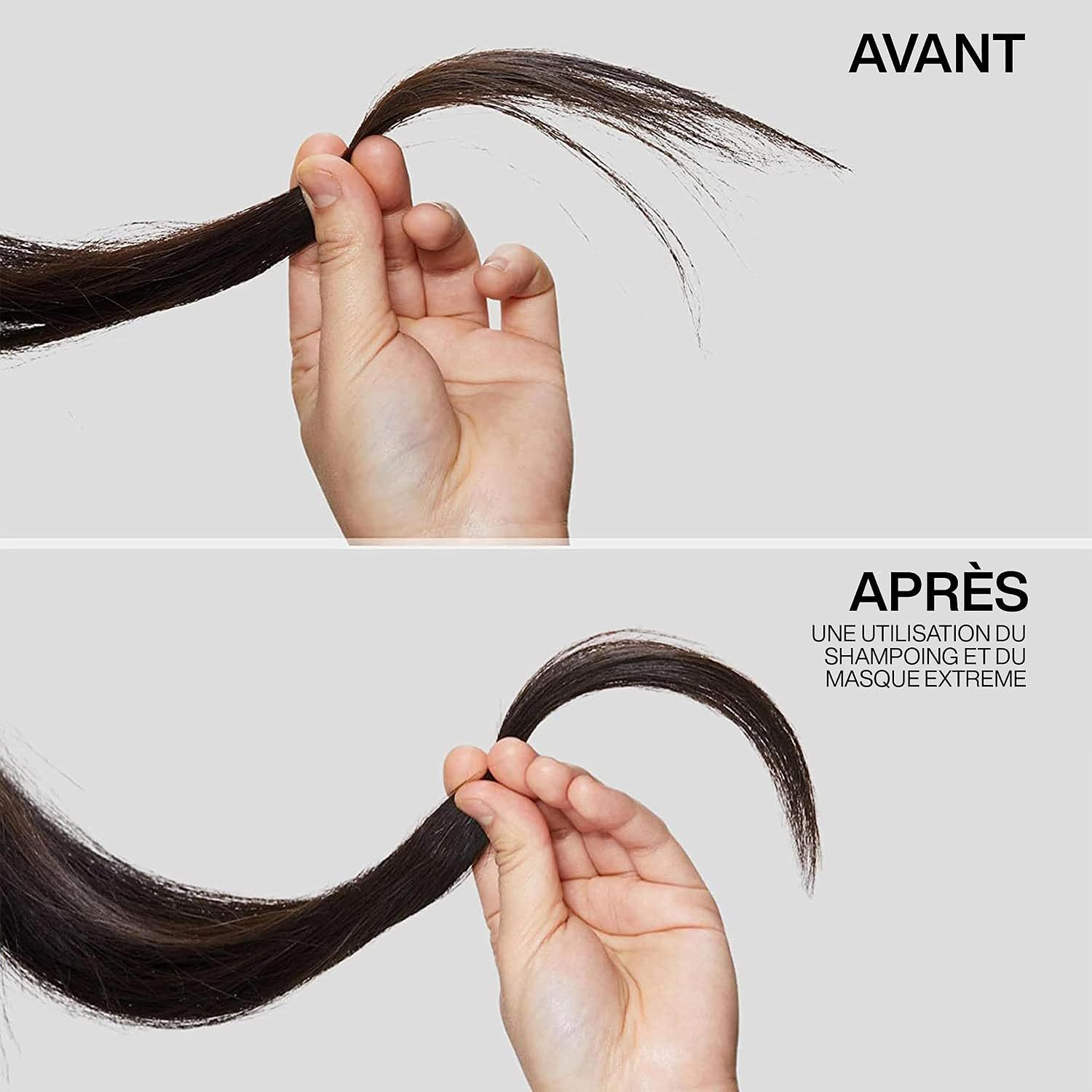 Comparaison avant/après de cheveux foncés tenus par une main. Avant, les cheveux sont effilochés. Après, ils sont lisses.