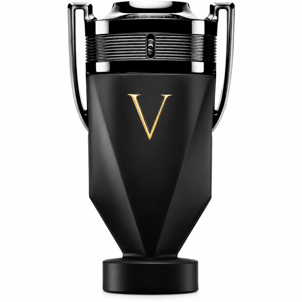 Zwarte flacon met gouden 'V'-symbool en zilveren handvatten.