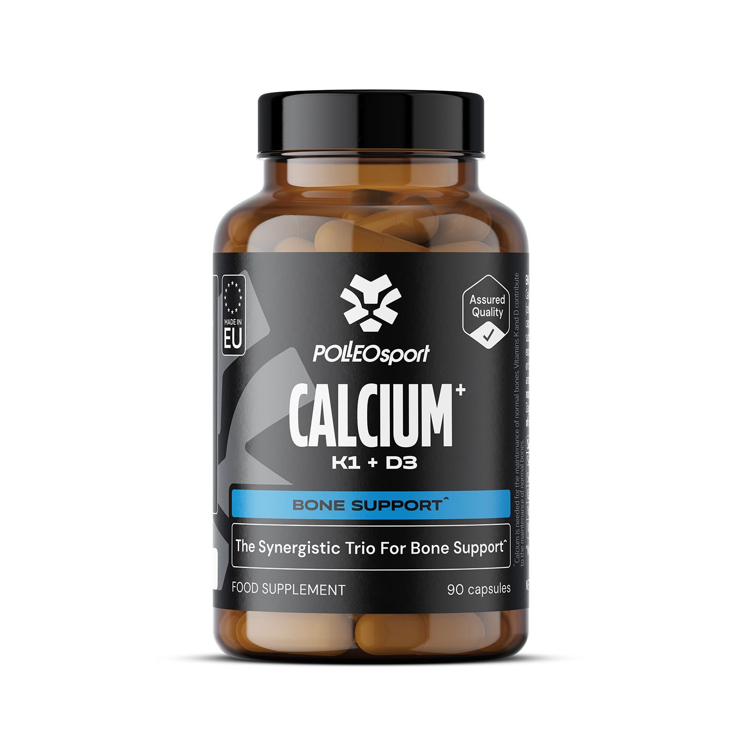 Bruine fles met capsules. Opschrift: PolleoSport Calcium+K1+D3. "Bone Support". EU-certificering. "90 capsules".