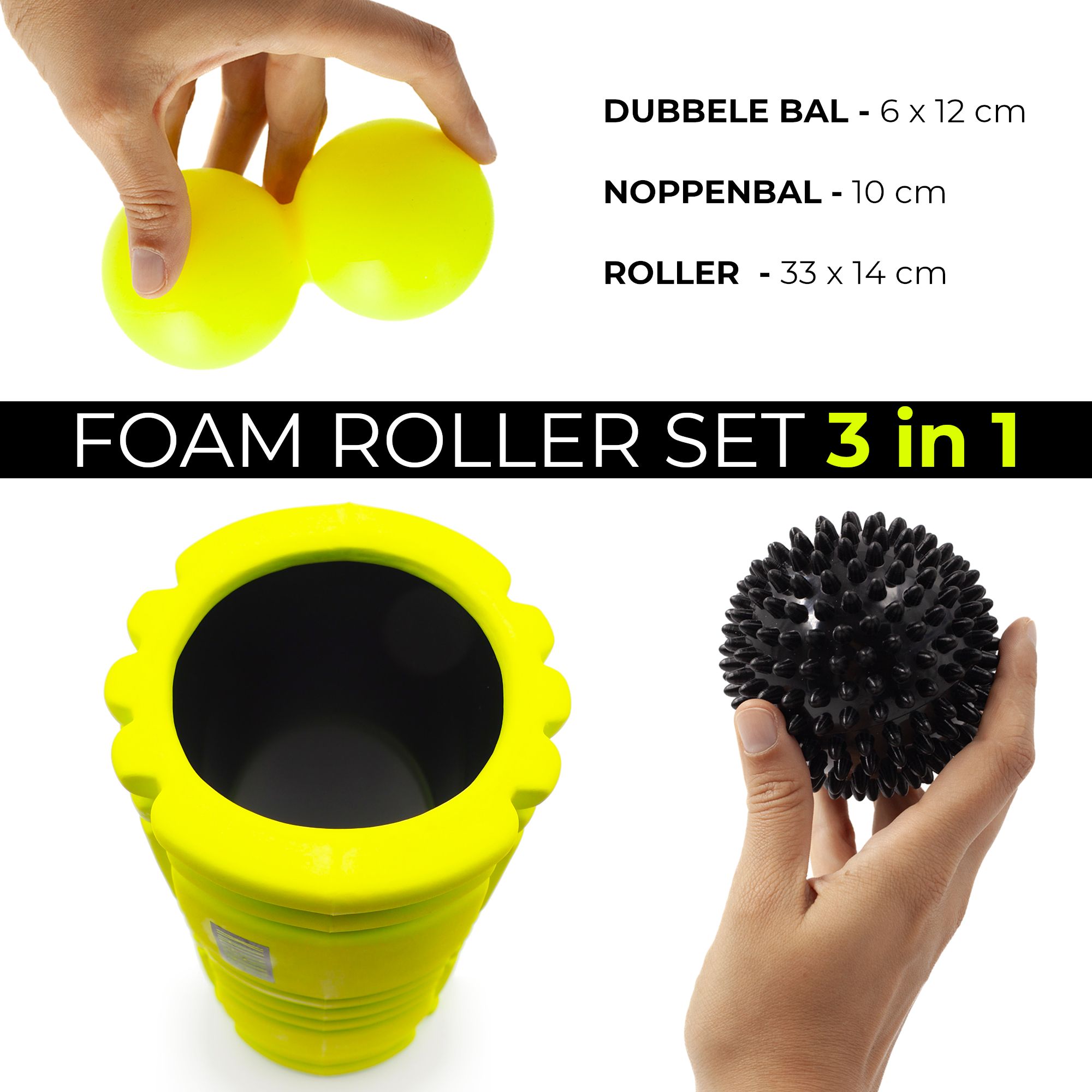 Gele fascia roller, dubbele bal, noppenbal en smartphone met oefengids.