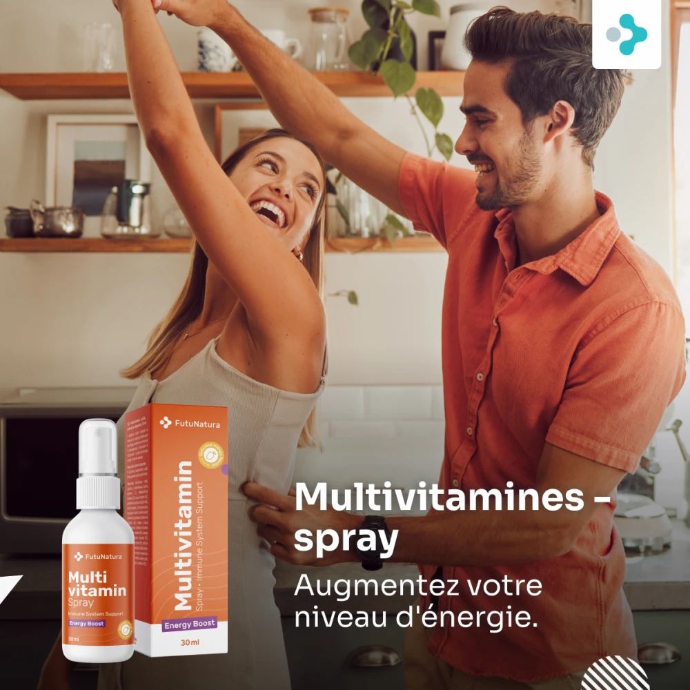 Deux personnes dansent. Sur le sol, un paquet et un flacon de FutuNatura Multivitamine Spray. Texte : Plus d'énergie.