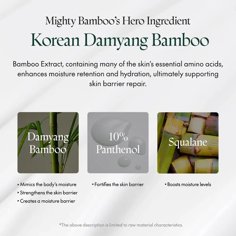 Infographic met Koreaanse Damyang-bamboe, 10% Panthenol en Squalaan. Tekst over ingrediënten en voordelen.