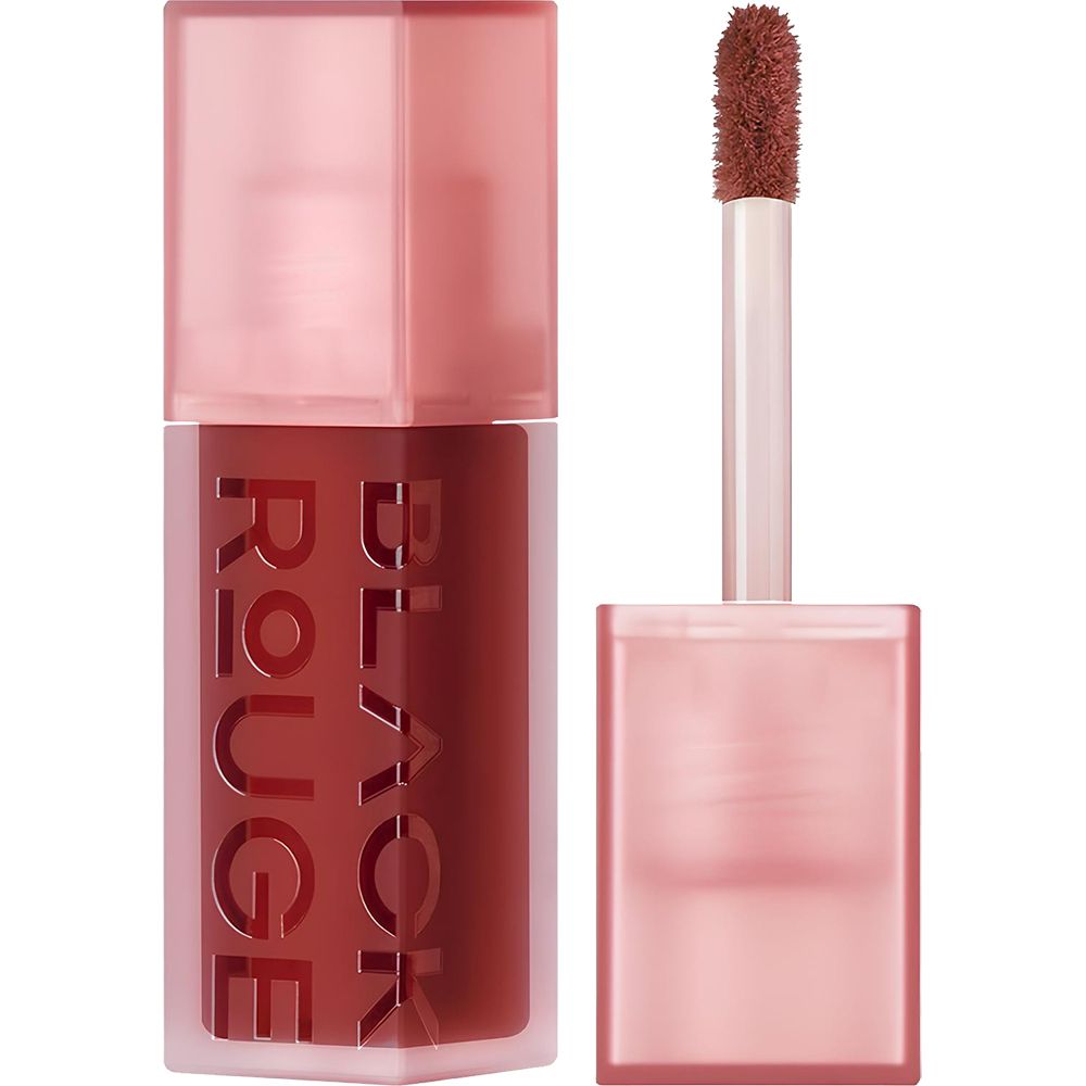 Flacon de gloss avec couvercle rose et texte noir. Applicateur visible.