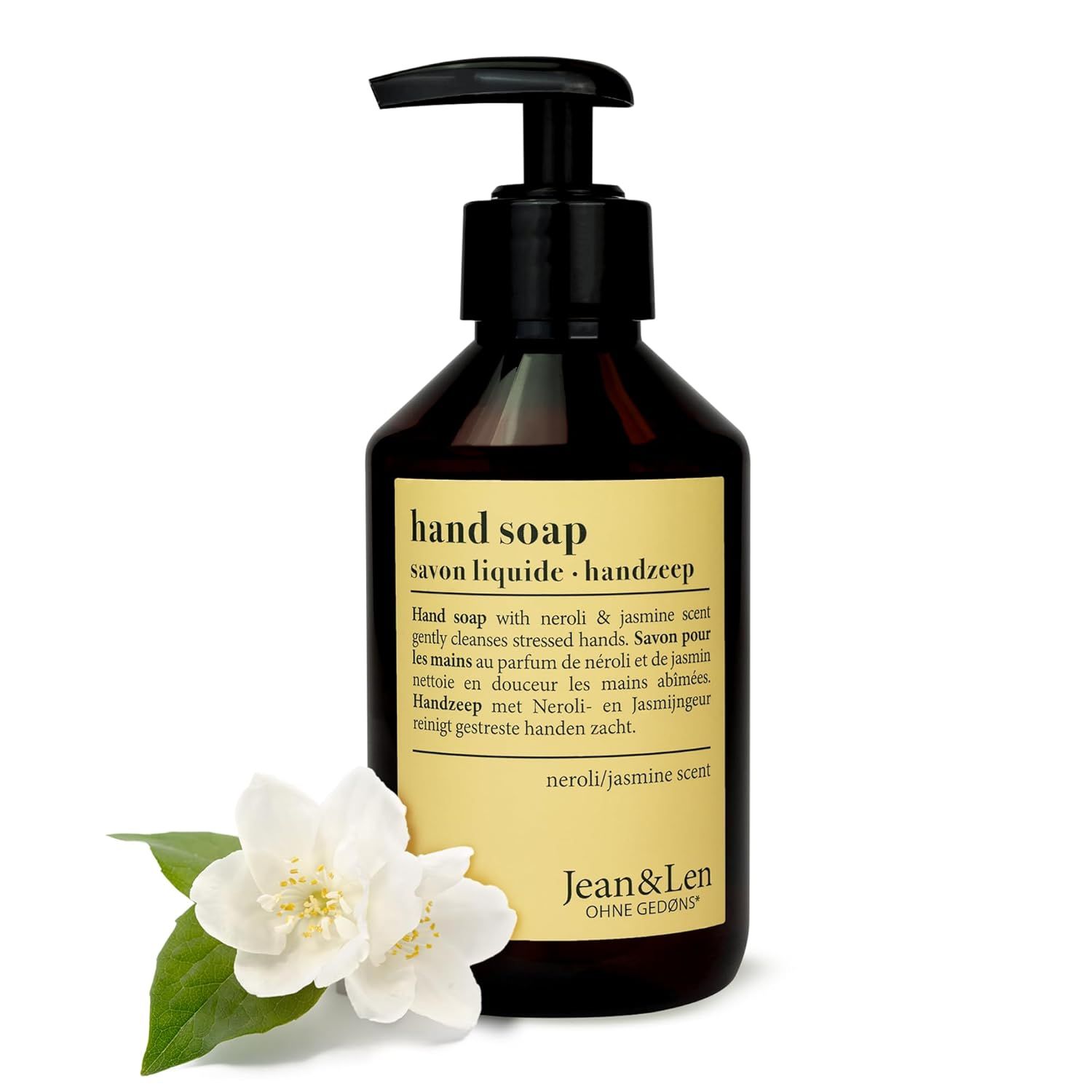 Bruine fles handzeep met zwarte pomp. Opschrift: Hand Soap, Neroli & Jasmin geur, Jean & Len. Met jasmijn bloem.