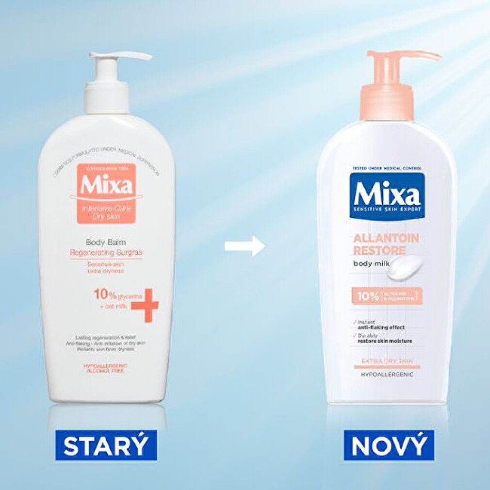 Twee flessen: Mixa Body Balm en Mixa Allantoin Restore Body Milk. Tekst: STARÝ en NOVÝ.