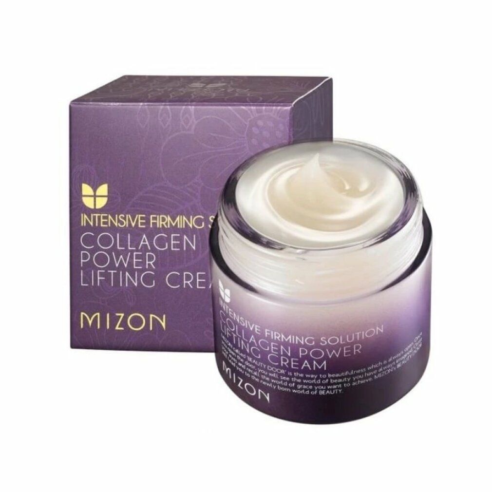 Crèmepot met paarse deksel en doos. Opschrift: Collagen Power Lifting Creme, Mizon. Verpakking met bloemmotief.