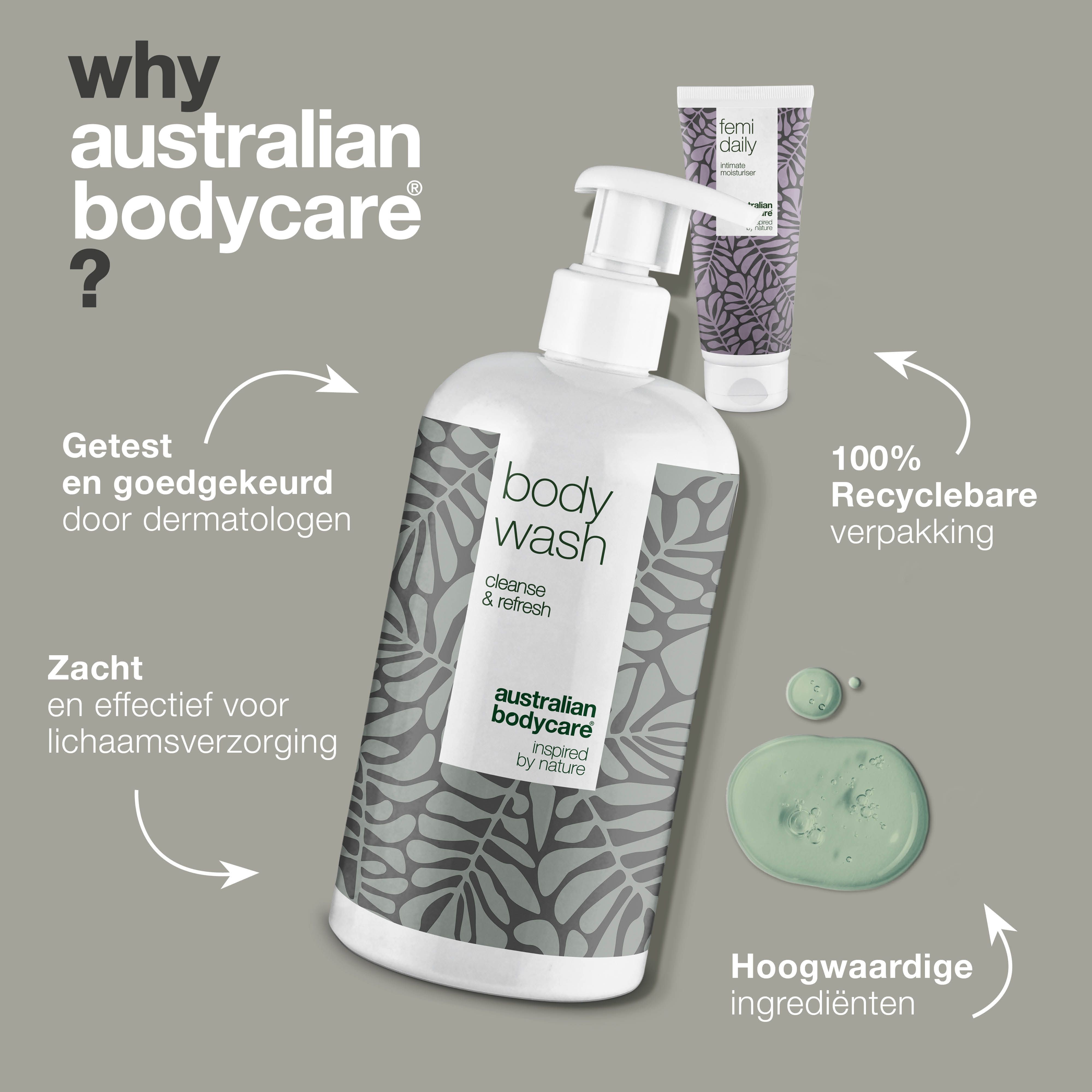 Body wash en intieme moisturizer. Tekst: 'Waarom Australian Bodycare?'. Voordelen en verpakking.