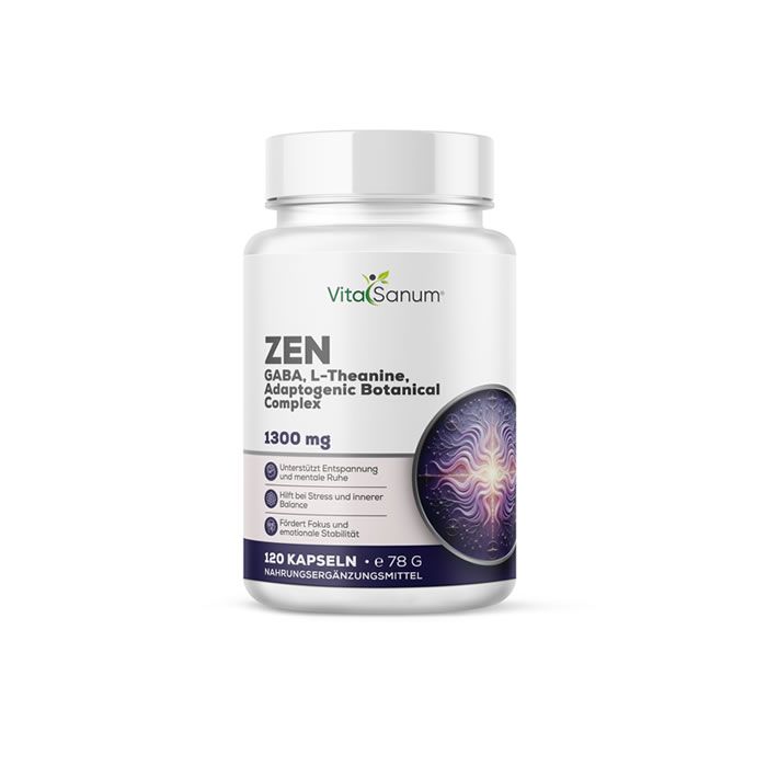 Flacon blanc de compléments alimentaires VitaSanum ZEN 1300 mg. Inscription et illustration. 120 gélules.