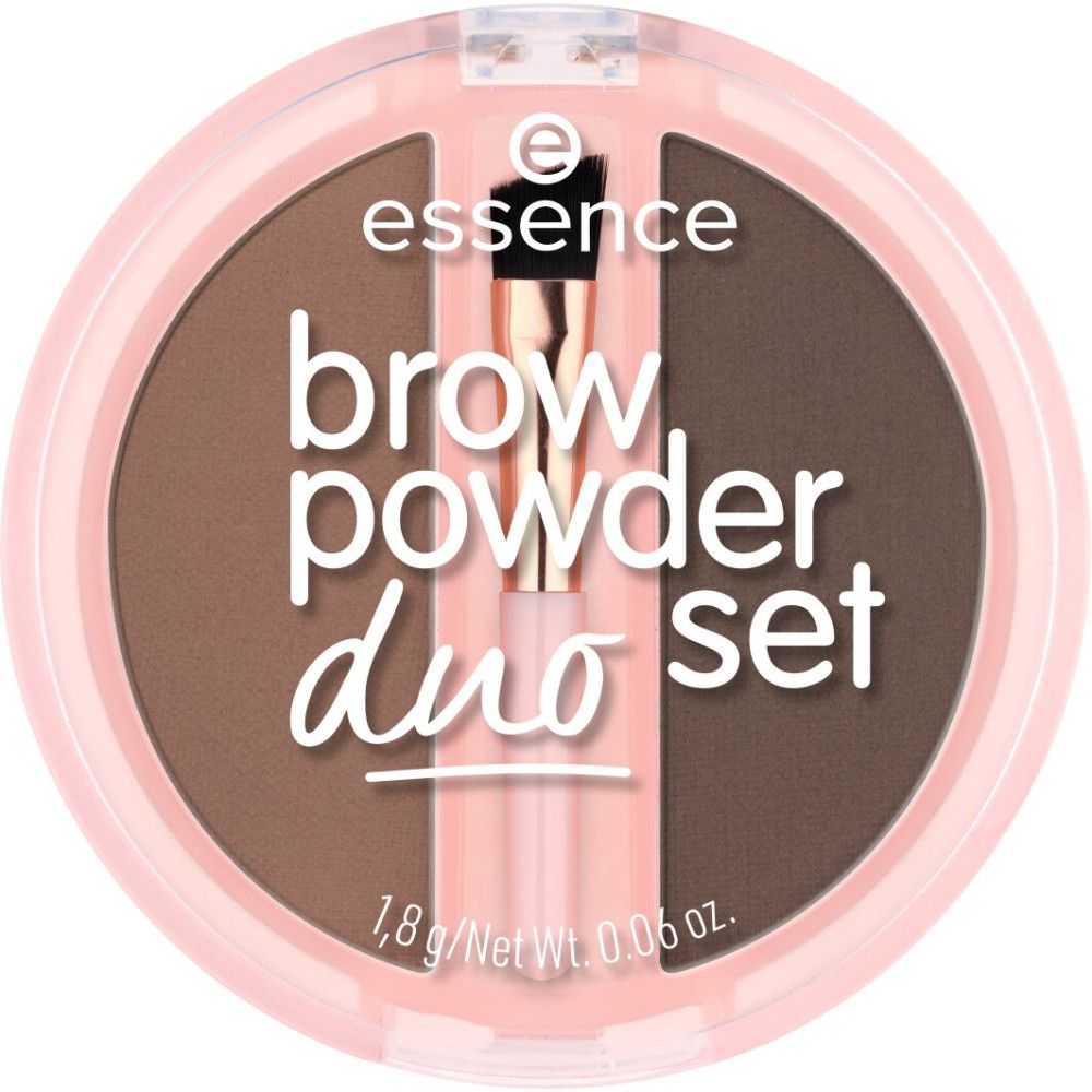 Ensemble Essence Brow Powder Duo avec pinceau. Boîtier rose avec deux couleurs de poudre à sourcils et nom du produit.