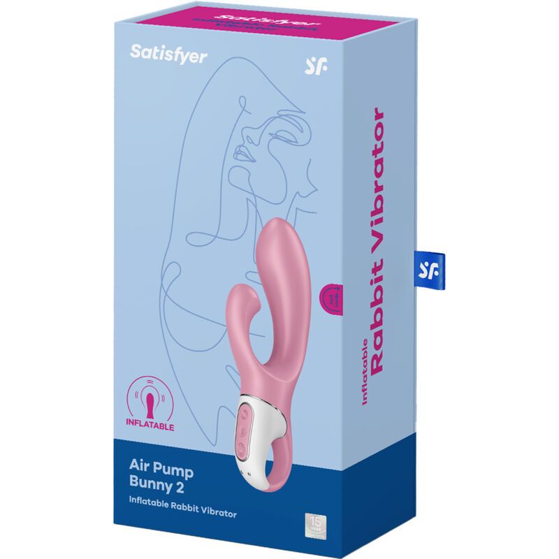 Emballage pour Air Pump Bunny 2. Vibrateur rose illustré. Texte: Air Pump Bunny 2, Inflatable Rabbit Vibrator.