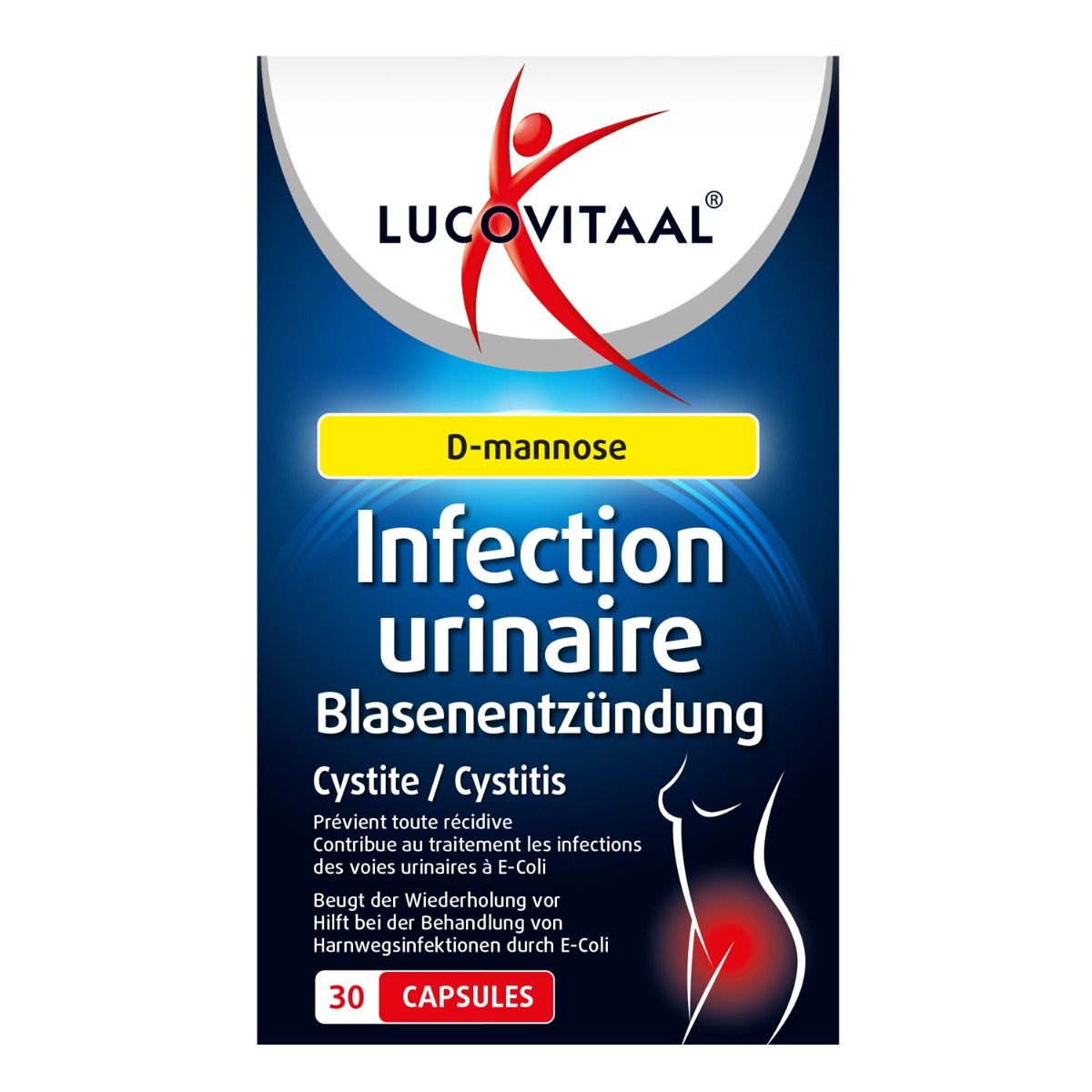 Verpakking met "Infection urinaire" en "D-mannose". Bevat 30 capsules. Logo Lucovitaal.