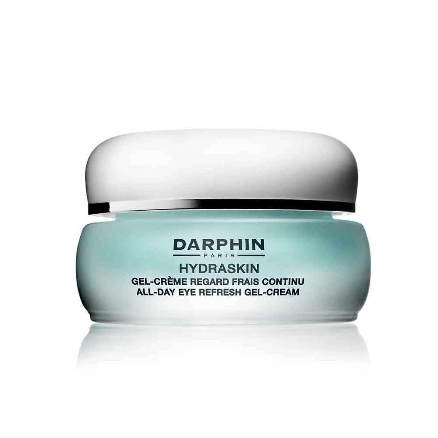 Pot rond avec couvercle blanc. Inscription : Darphin, Hydraskin, Gel-Crème Regard Frais Continu, All-Day Eye Refresh Gel-Cream.