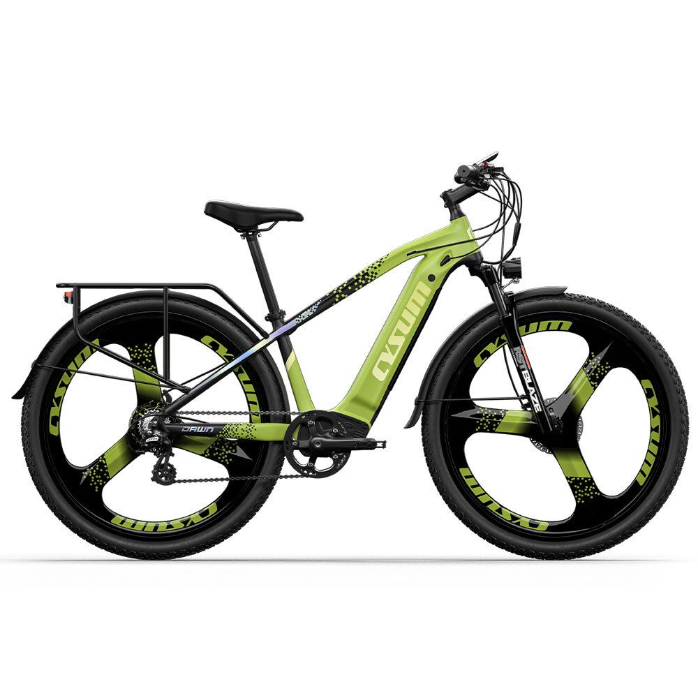 Vélo électrique vert avec pneus noirs et porte-bagages. CYSUM est inscrit sur le cadre.