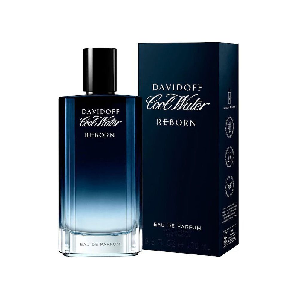 Flacon et emballage Davidoff Cool Water Reborn Eau de Parfum. Verre bleu dégradé, bouchon noir. Emballage noir avec logo.