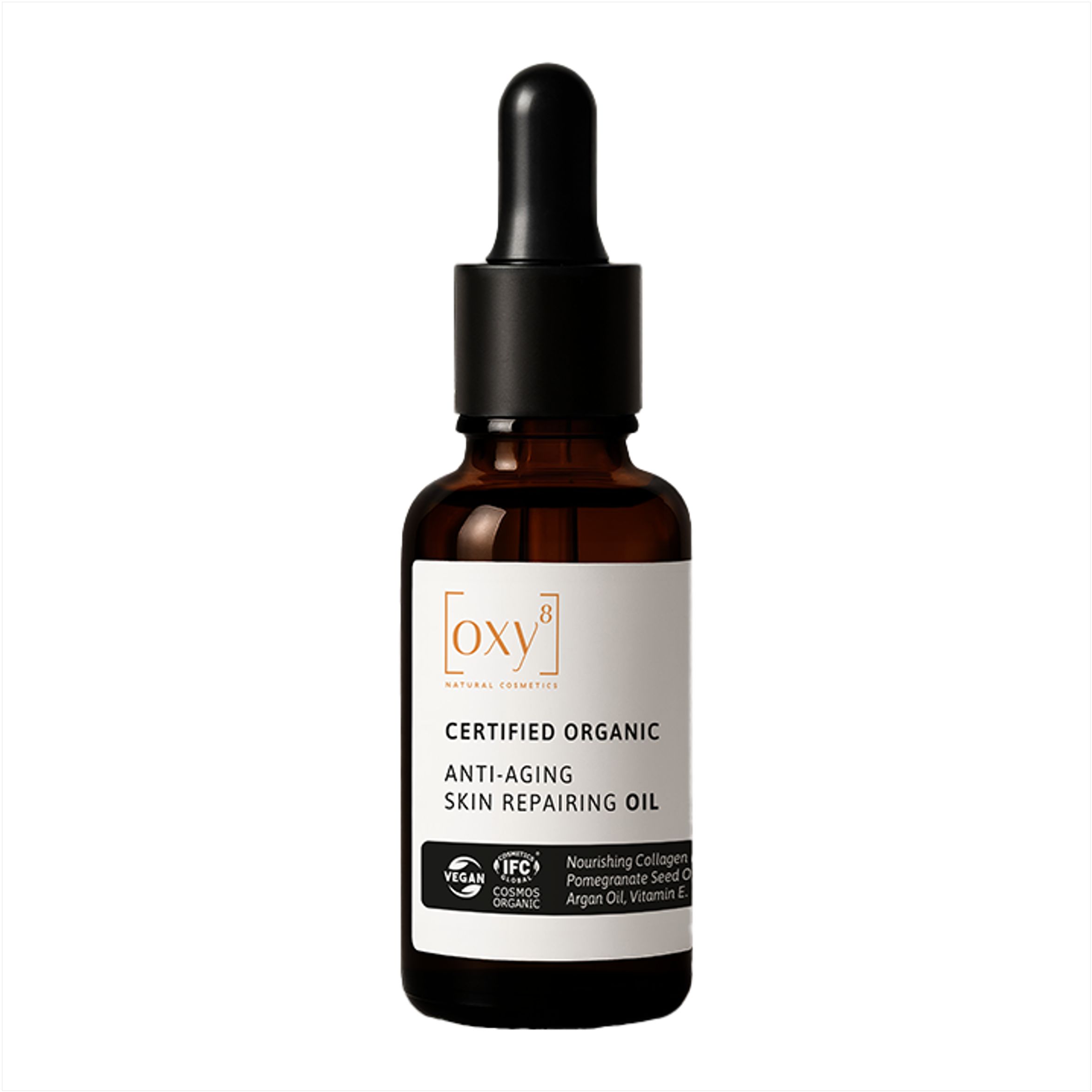 Bruine glazen fles met pipet. Wit etiket met tekst: "Oxy8", "ANTI-AGING SKIN REPAIRING OIL".