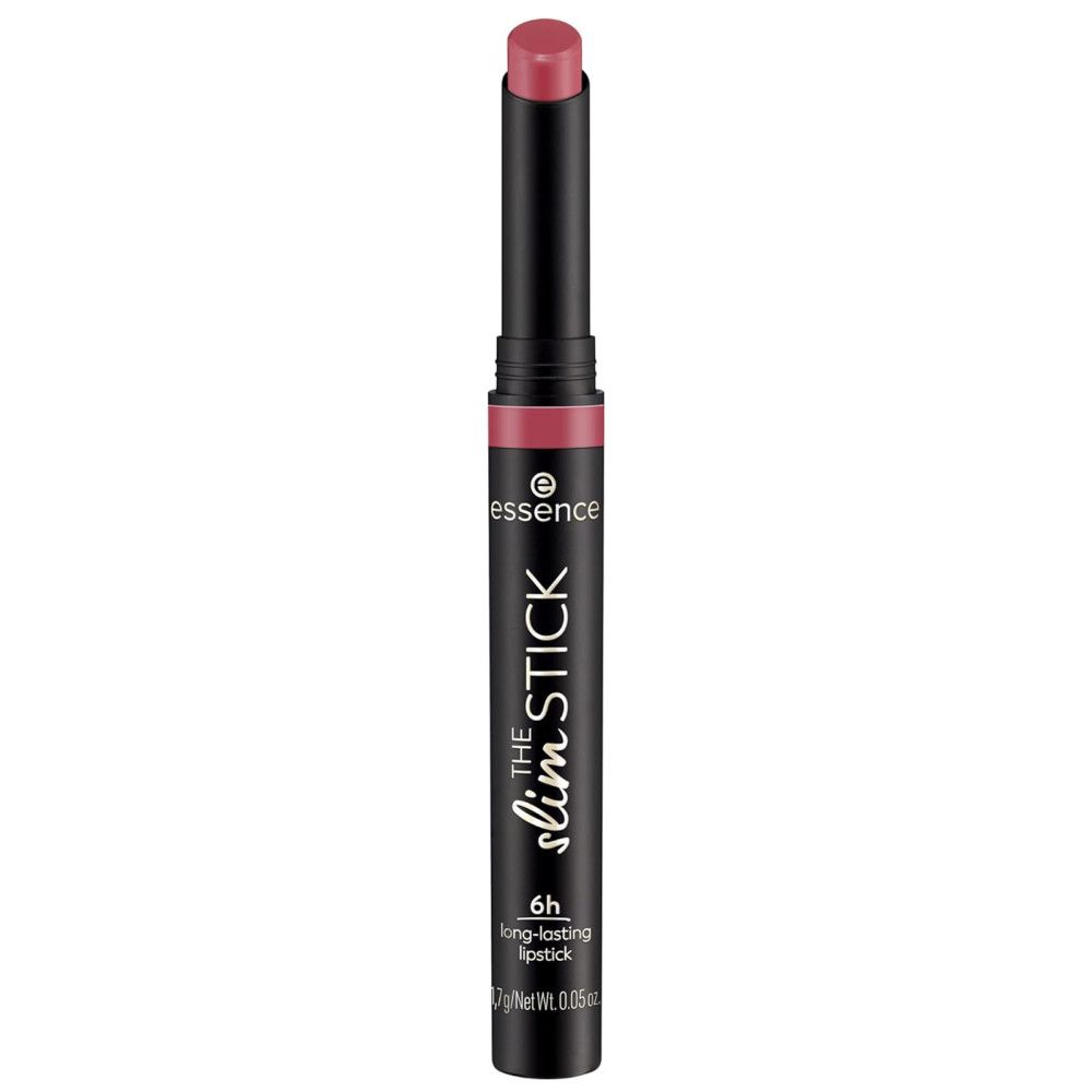 Rouge à lèvres Essence The Slim Stick. Étui noir, rouge à lèvres rose. Inscription: 6h long-lasting lipstick, Net Wt. 0.05 oz.