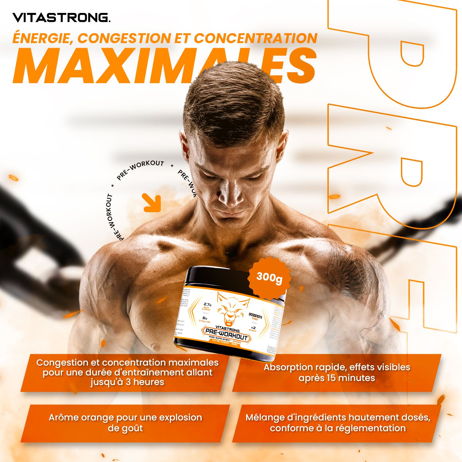 Vitastrong Pre-Workout, pot. Man met product. Tekst: Maximale energie, pomp, concentratie. 300g.