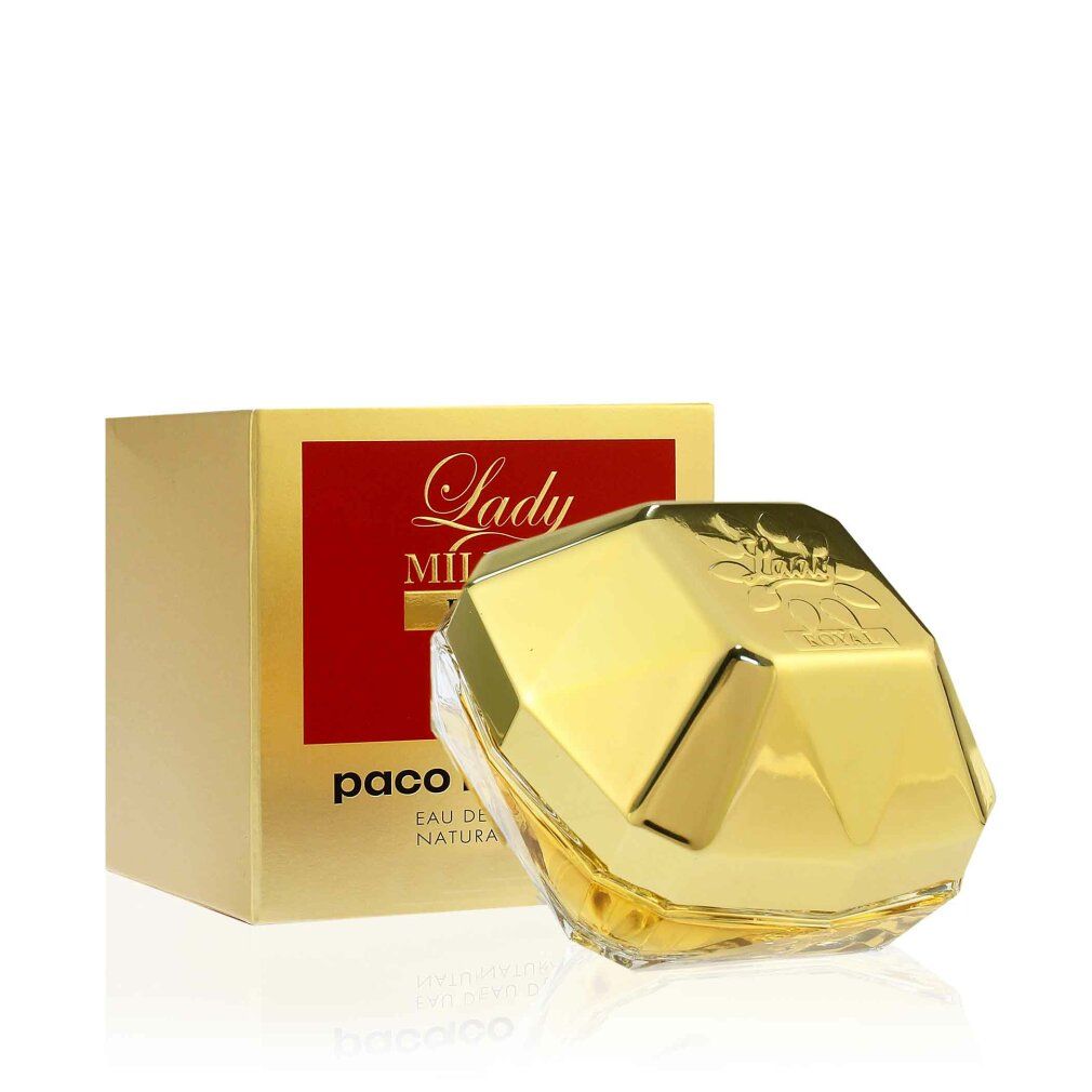 Flacon et boîte dorés "Lady Million Royal" Eau de Parfum.