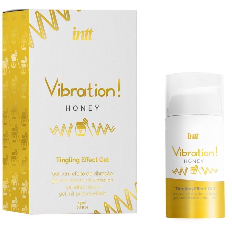 Verpakking en gelfles. Verpakking: wit met gouden tekst. Fles: wit met gele bodem. Opschrift: Vibration! Honey.