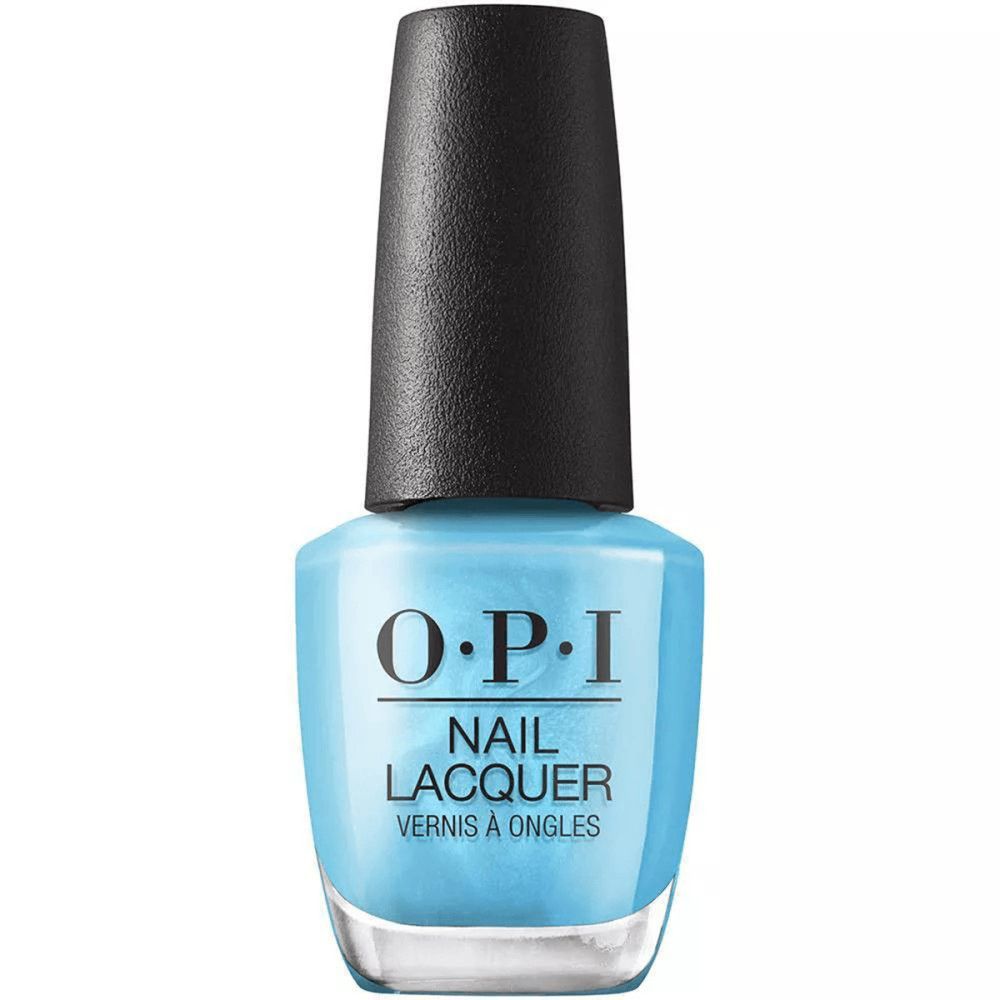 Lichtblauwe nagellakfles met zwarte dop. Opschrift: O.P.I NAIL LACQUER.