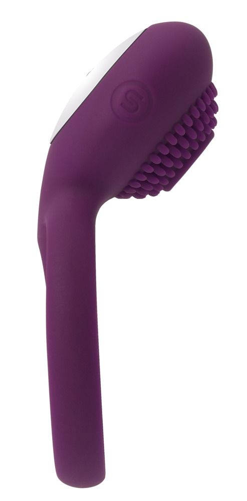 Paarse stimulator met noppen en zilverkleurige knop. SVAKOM-logo. Ergonomische vorm. Op witte achtergrond.