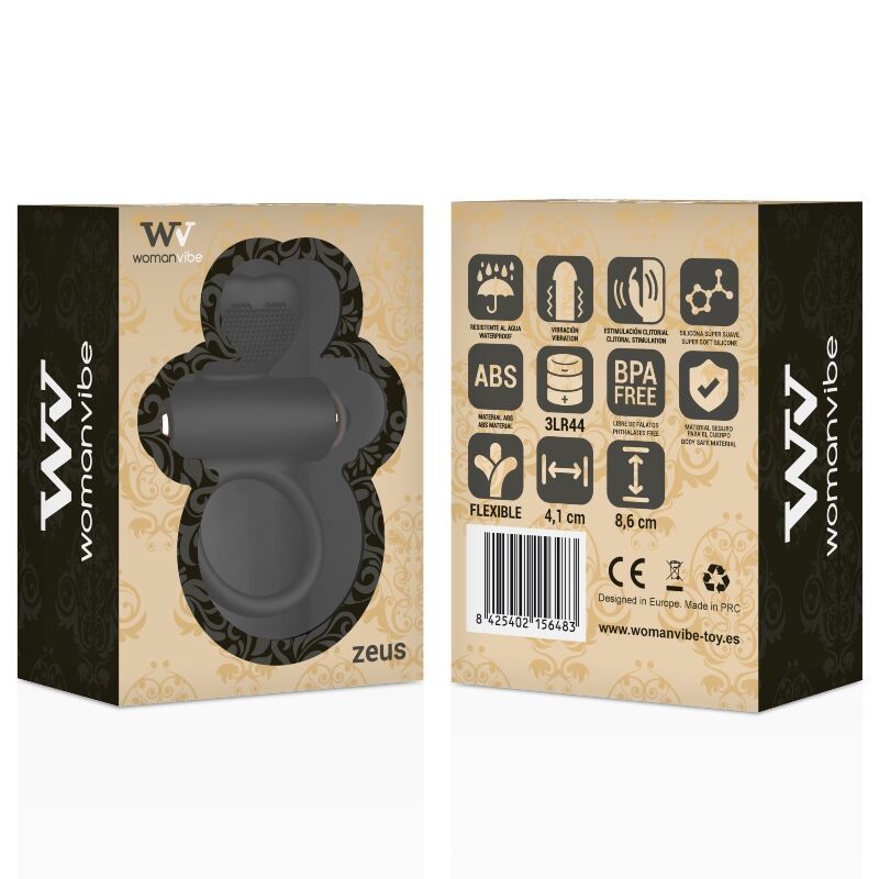 Emballage du WomanVibe Zeus, montrant le produit à travers une fenêtre. Comprend des icônes pour étanche, ABS, sans BPA, flexible, 4,1 cm et 8,6 cm.