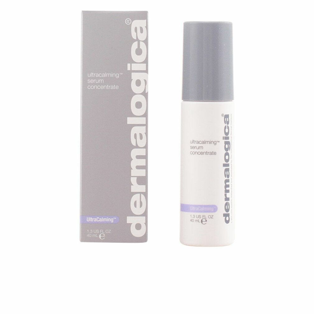 Flacon et boîte. Inscription: UltraCalming Serum Concentrate, Dermalogica. Emballage gris.
